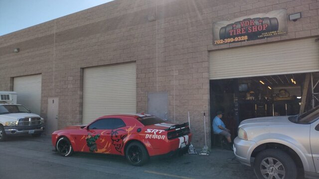 Red Srt Demon Outside Tire Shop 018 — VDK Tire Shop